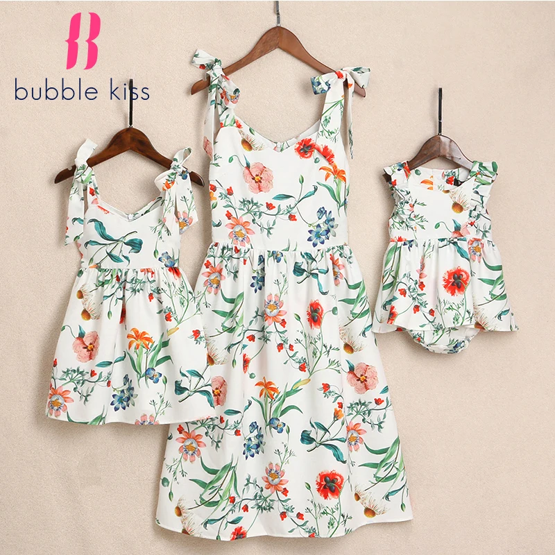 Mommy and Me elegant floral print dress shoulder strap bow chiffon sleeveless beach mini skirt family party summer | Мать и ребенок