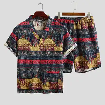 

2020 Summer Men Printed Pajamas Sets Loose Short Sleeve V Neck Tops Leisure Shorts Cotton Sleepwear Kimono Unisex Suits S-5XL