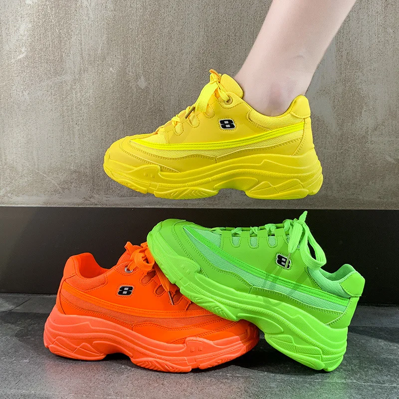 Новинка года; Дизайнерские кроссовки; женская повседневная обувь на платформе; модные кроссовки на платформе; Basket Femme; цвет желтый; повседневная обувь на массивном каблуке