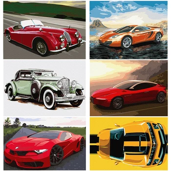 

Paintmake Red Sports Car DIY paint by Numbers no frame Automobile Oil Painting on canvas For Home Room Decor Wall Art Picture