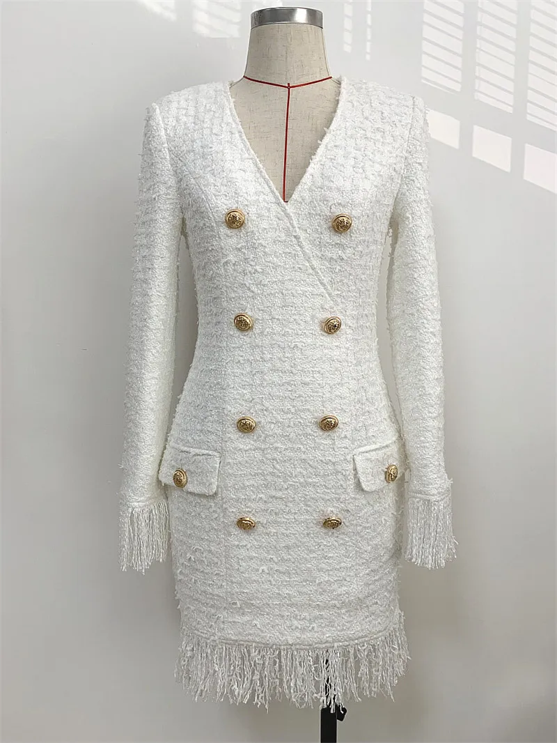 High Street/новейшее стильное дизайнерское платье года для подиума, женское платье-футляр с бахромой на пуговицах льва из смесовой шерсти, X614