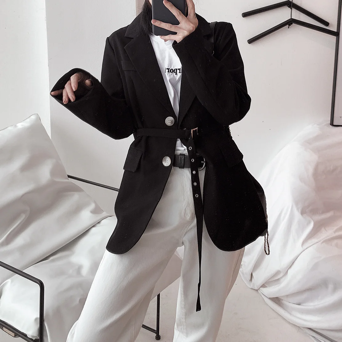 

Autumn 2019 New Women Suit Pure High Street Designer's Belt Modeling Suit with Belt Single Breasted Women Jackets and Coats Suit
