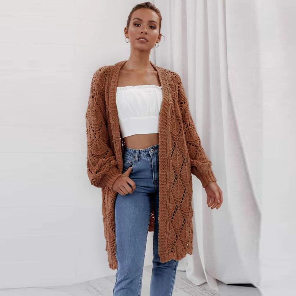 Pure Color Hollow Cardigan Knitted Women Autumn Outfit Knit Oversized Plus Size Sweaters Long Leisure Sweater New