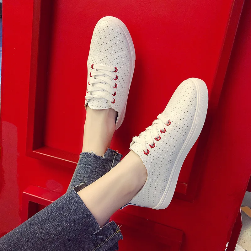 

Spring And Autumn New Style Flat Heel Lace-up White Shoes Women's Anti-slip Students Casual Shoes Women's Laser Breathable Hole