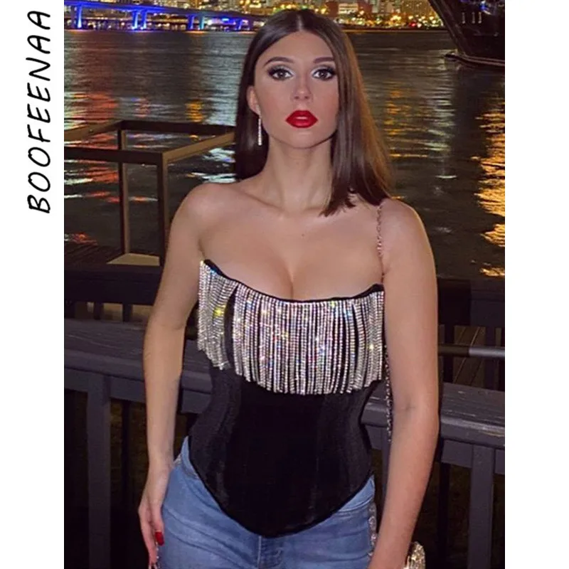 BOOFEENAA, стразы, кисточка, бархат, черный, открытая спина, бюстье, топ, выход, трендовые сексуальные топы, Женский корсет, майка, C66-AZ03