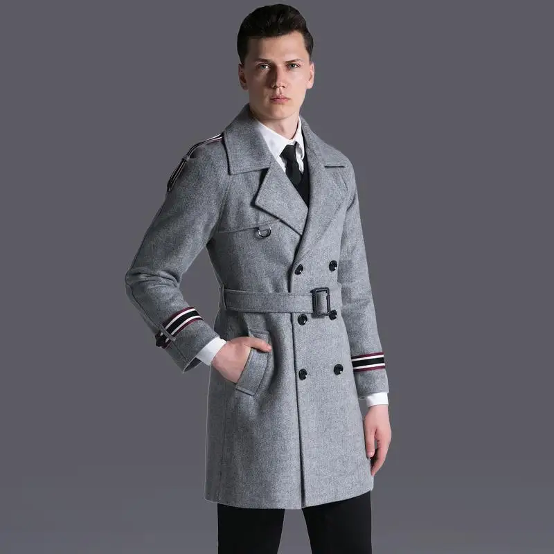 

New Wool Long Mens Coat British Medium Length Striped Spliced Woolen Coats Male Causal Business Man Outwear Plus Size 6xl