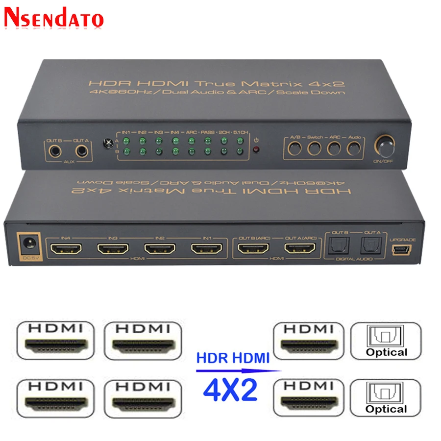 4x2 HDR HDMI Matrix Switch 4K 60Hz 4 In 2 Out HDMI Splitter Switcher Audio Extractor ARC AUX SPDIF Scale Down For PS3 PS4 TV DVD