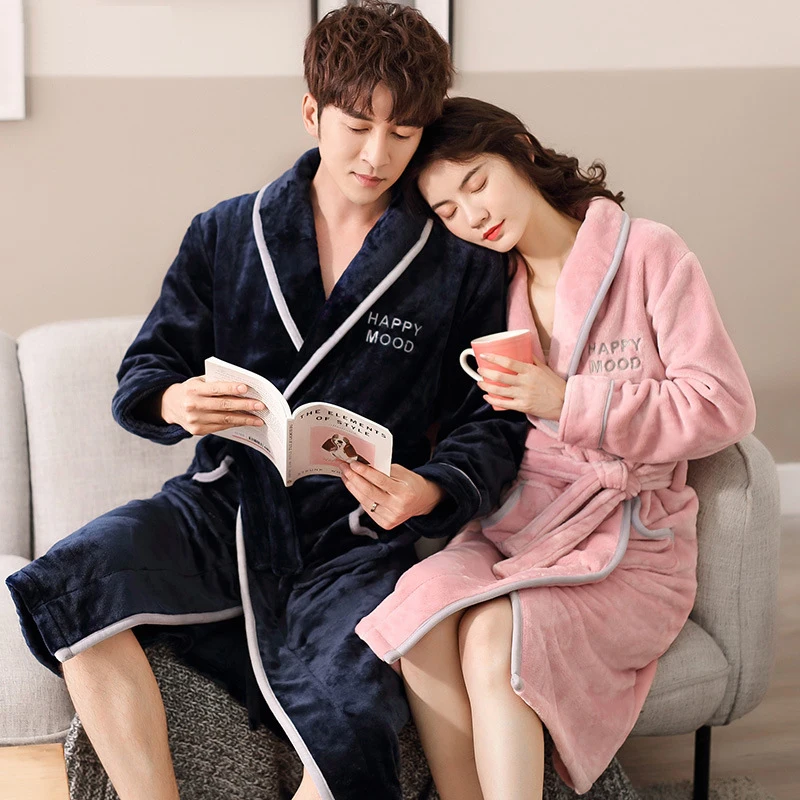 

New Flannel Couple Night Robe Winter Thick Home Coat Lingerie Bathrobe Warm Kimono Robes Men and Women Matching Plus Size Robe