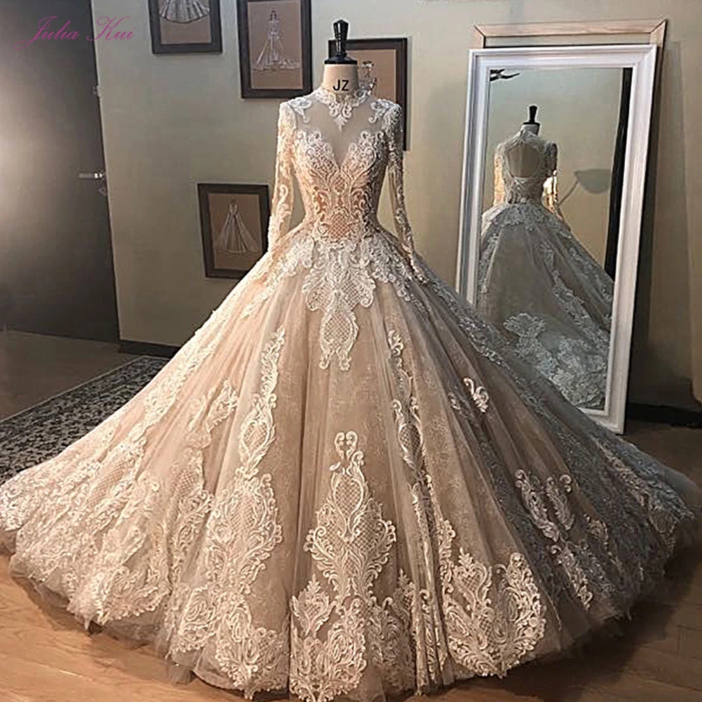 Julia Kui Gorgeous Champagne Ball Gown Wedding Dress With Long Sleeve Elegant Lace Bridal | Свадьбы и торжества