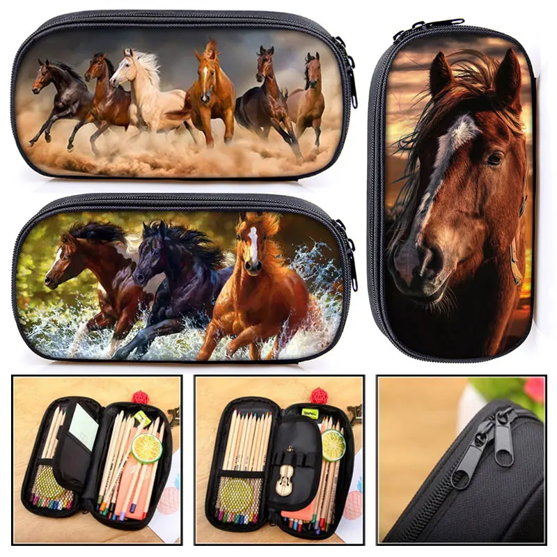 Galloping Animal Black Horse Print Pencil Bag Ladies Cosmetic Bags For Young Boys Girls Pencil Case Children School Supplies