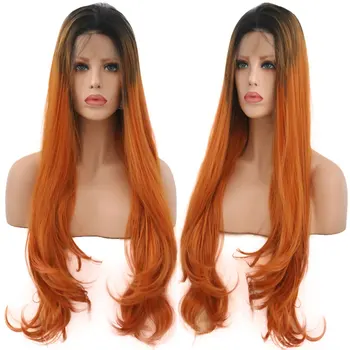 

Black Rooted Ombre Orange Natural Wave Synthetic 13*3 Lace Front Wig Heat Resistant Fiber Hair Free Parting For Women Daily Wigs