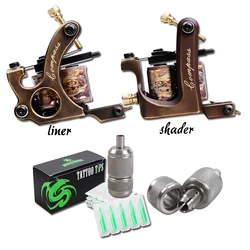DragonHawk Handmade Copper Tattoo Machine Kit LS Tattoo Makeup Guns Self-Lock With Copper Grips Tips