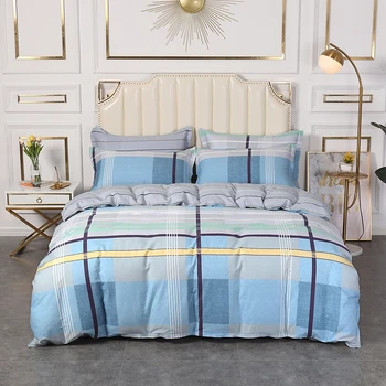 

3/4 Pcs Stripe Grid Line Pattern Bedding Set Comfortable Washed Cotton Duvet Cover Set Pillowcase Flat Fitted Sheet Bed Cover