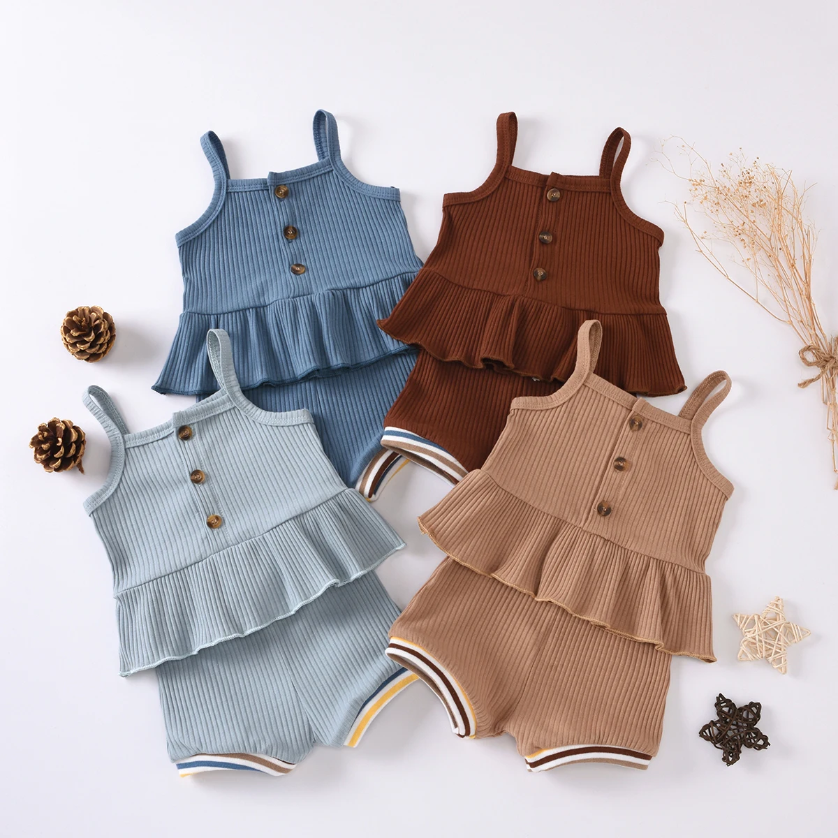 

2020 New Summer Infant Newborn Baby Toddler Kids Girls Set Clothing Ribbed Solid Sleeveless Ruffed Top+Elastic Band Shorts 2Pcs