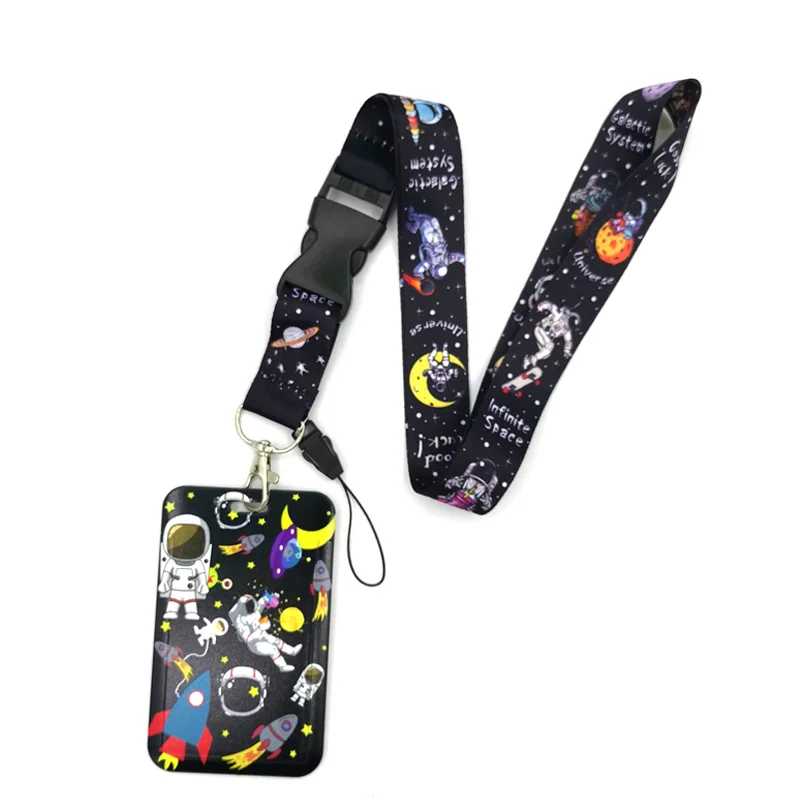 Astronaut space Planet Lanyard Credit Card ID Holder Bag Student Women Travel Card Cover Badge Car Keychain Decorations