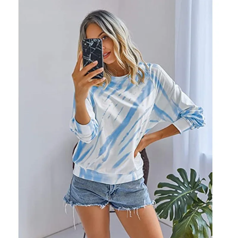 

Plus Size Long-Sleeved Women's T-Shirt Tie-Dye Printing Casual Slim Autumn o Neck Color Matching Pullover Shirt Ladies Tops