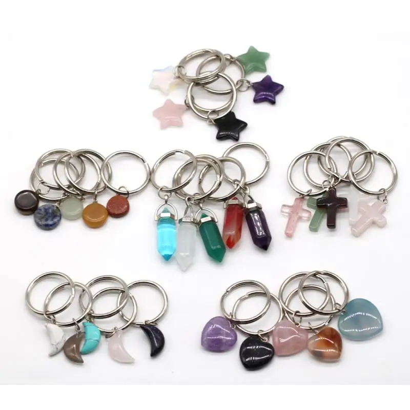 

10Pcs/Lot Fashion Natural Stone Pendant Charm Key Chain Natural Quartz Stone Key Ring Heart Moon Star Crystal Key chain NSB24