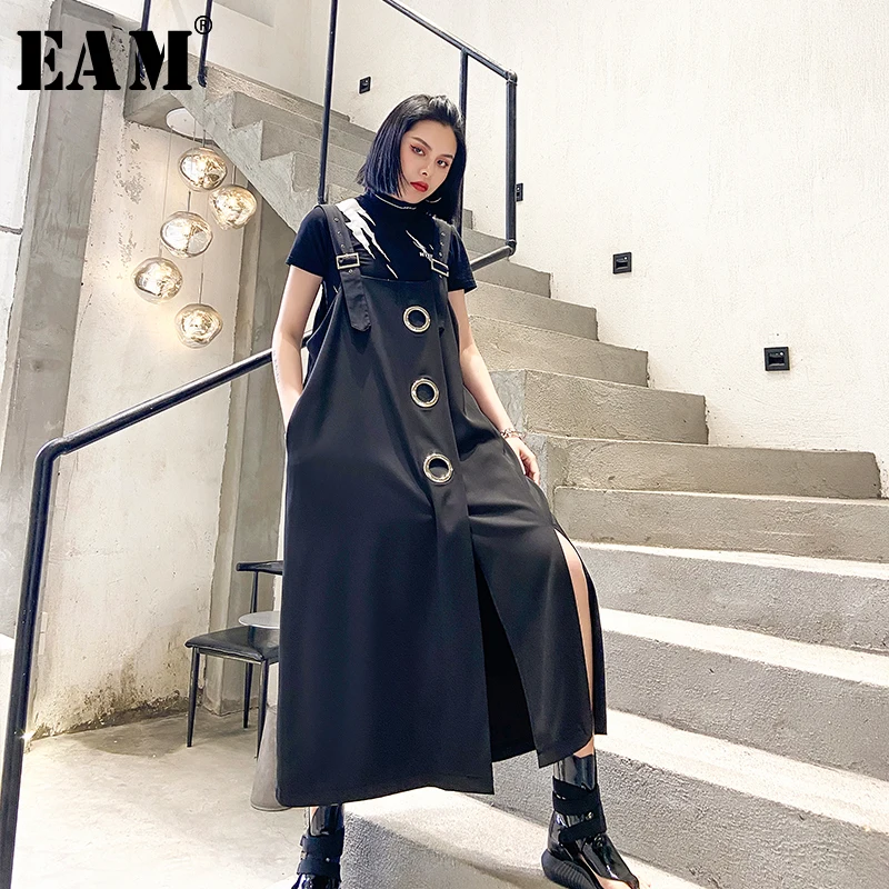Big-Size Strapless Dress Vent-Split Fit-Fashion Spring Summer Black EAM Sleeveless Hollow-Out