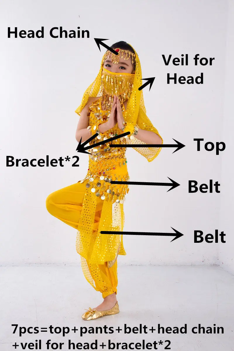 Child Costume Belly Dancer Belt Pants Veil Accessories for Wings Kids Bollywood Dress Girls Belly dance Costume Set 2-8Pieces - Цвет: Yellow 7pcs