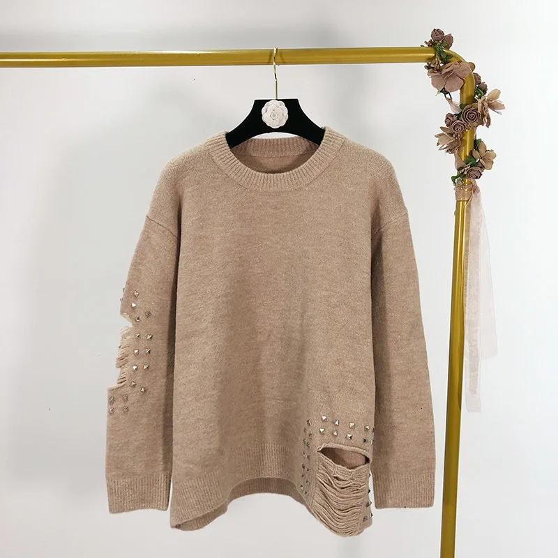 Пуловеры с заклепками, свитера для женщин, с длинным рукавом, повседневные Модные женские свитера, осень, Новые вязаные топы для женщин D794
