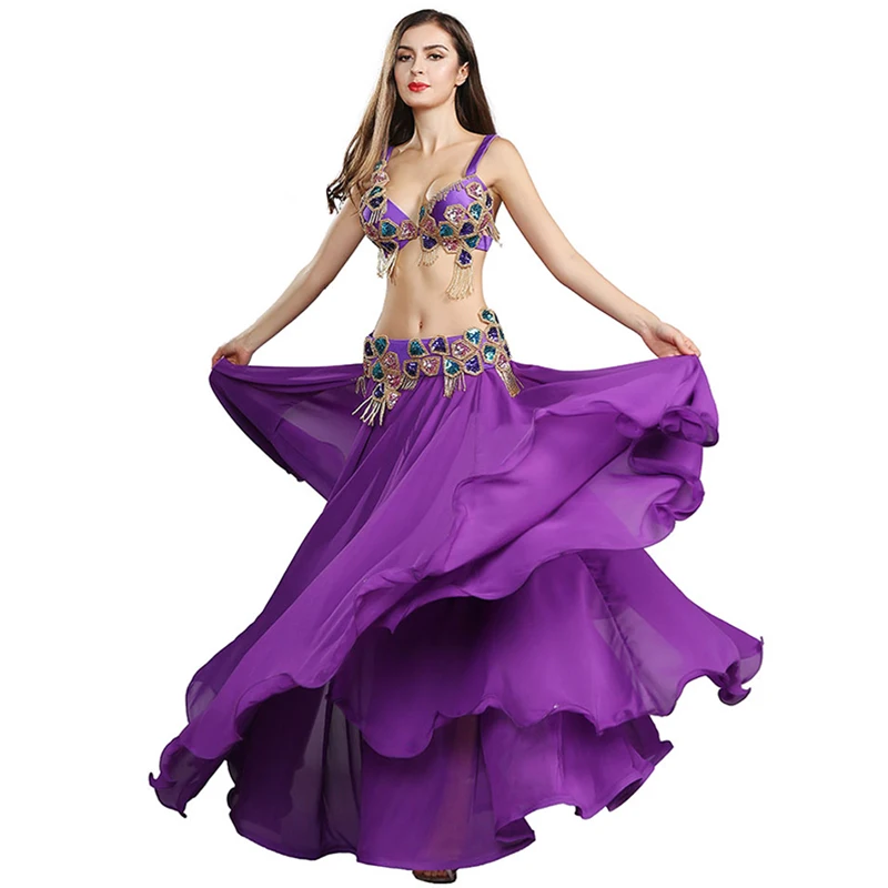 Женские модные костюмы для танца живота комплект бюстгальтер пояс шифоновая юбка Восточный Болливуд индийское платье 3 шт 119083