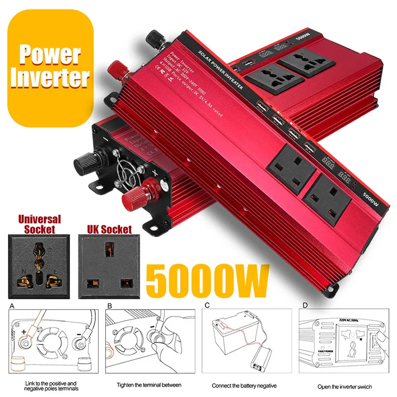 Автомобильный инвертор 12 В 220 в 5000 Вт Пиковая мощность преобразователь Напряжения DC 12 В в AC 220 В модифицированный синусоидальный Солнечный инвертор