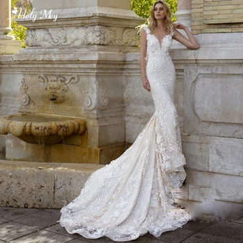 

Adoly Mey Gorgeous Court Train Appliques Mermaid Wedding Dresses 2020 Graceful Flower Lace Scoop Neck Button Trumpet Bride Gown