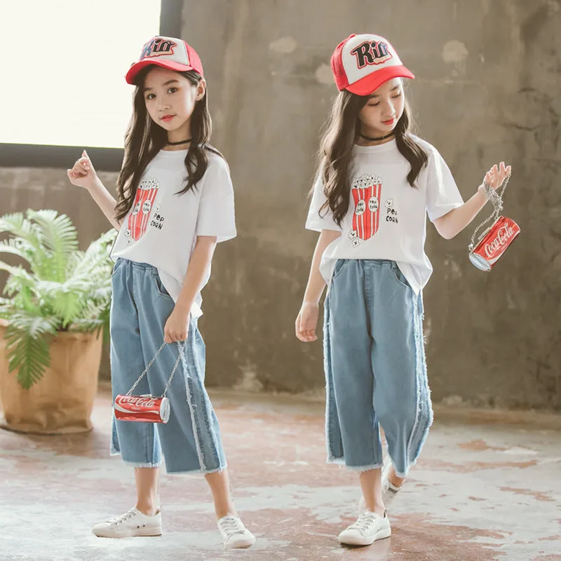 Girls Clothes Set Children's Clothing Summer Suit Short-sleeved T-shirt Wide Leg Cropped Pants 10 12 Year |