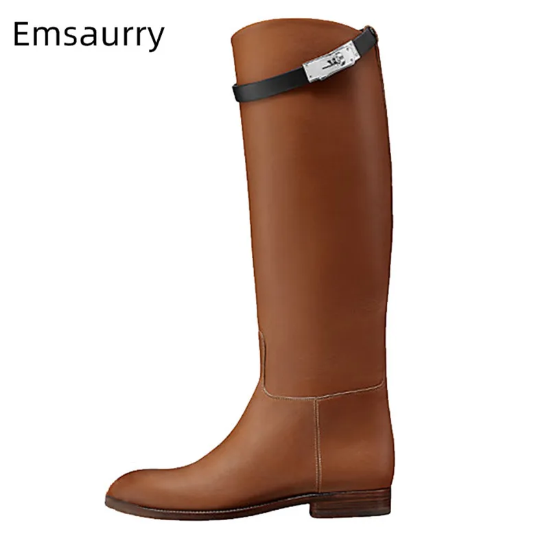

Knight Woman Boots Narrow Belt Buckle Slip On Botas Real Leather Round Toe Chunky Low Heel Bottes Slim Mid Calf Boots Woman 2020