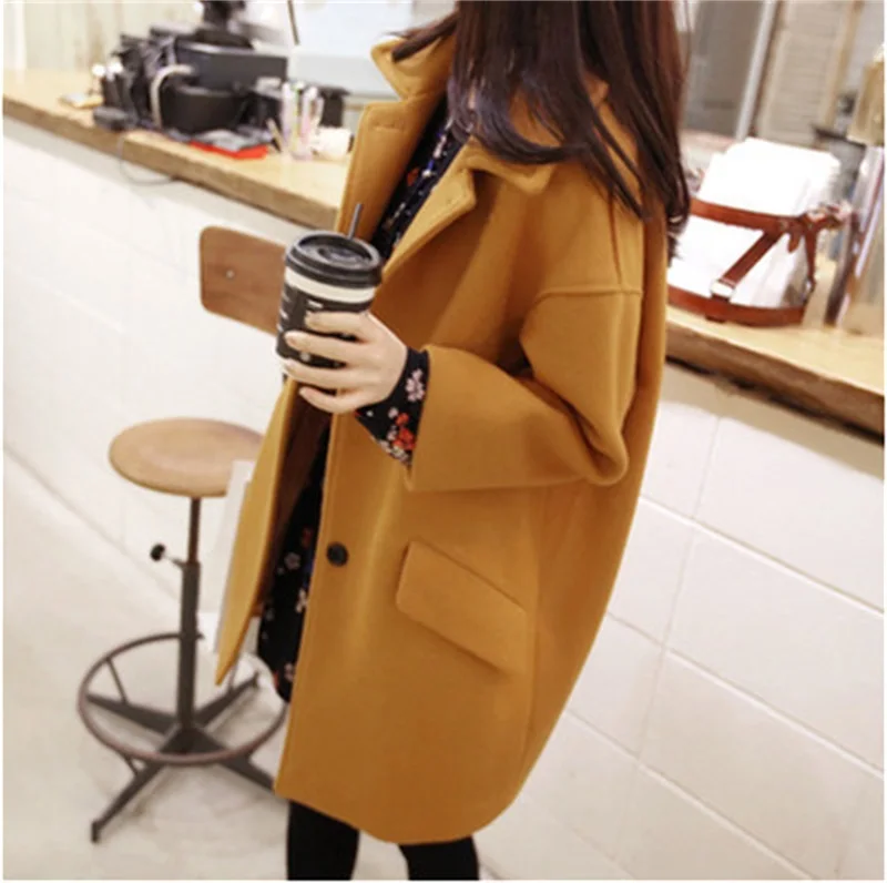 Женская куртка, Осень-зима, Корейская версия, модная, большой размер, женская, с отворотом, твидовое пальто, длинное, шерстяное пальто, женские пальто