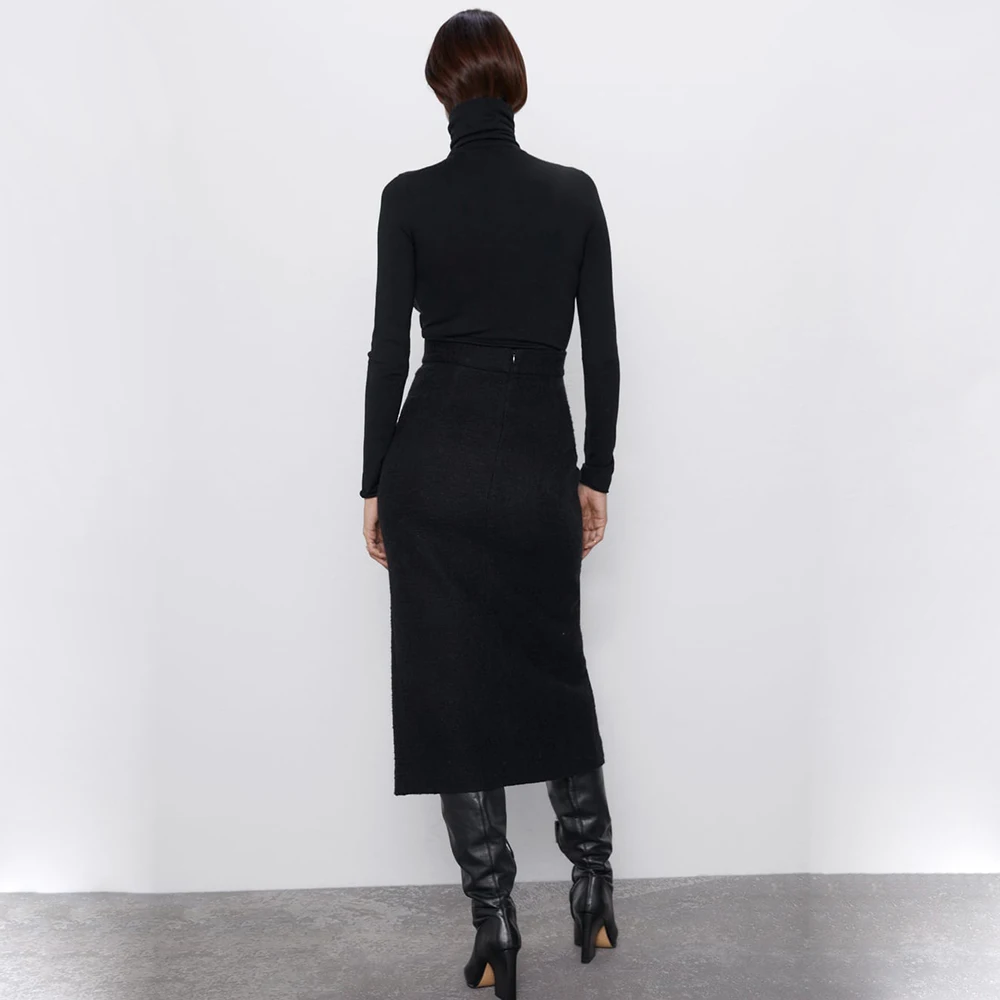 Fashion ZA New Fashion Texture Straight Skirt Women Tight Skirt Pocket Single-breasted Hem Slit Calf Skirts Women Hot Sale