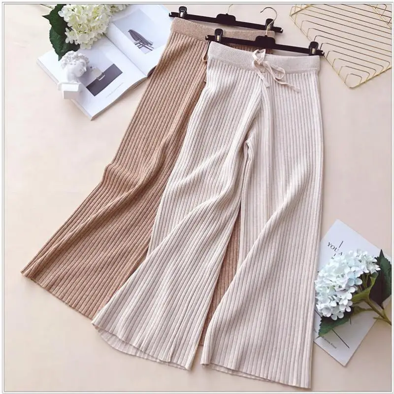 Ashion Women Casual High Waist Loose Vertical Stripe Knitting Wide Leg Pants New Autumn Winter Woman Knit Trousers