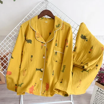 

Women Cute Pajamas Set Long Sleeve Casual 2PCS Shirt&Pants Female Thin Cotton Gauze Printed Flower Sleepwear Soft Homewear
