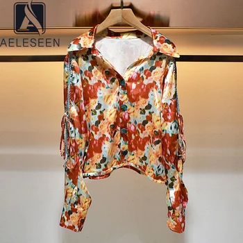 

AELESEEN Ruwnay Fashion Women Summer Autumn Blouse Turn-Down Collar Colorful Flower Print Shirt Casual Holiday Blouse