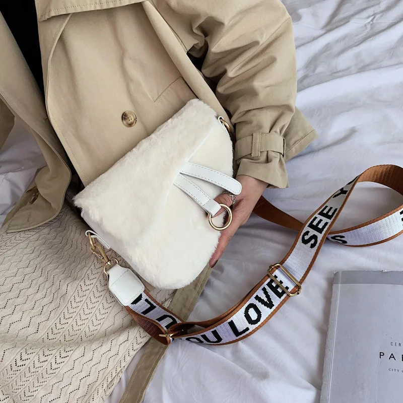 

SUNNY SHOP Women Fashion Bag Designer Fur Bags Luxury Handbag Small Shoulder Bag Saddle Cute Crossbody Bags Winter Width Strap