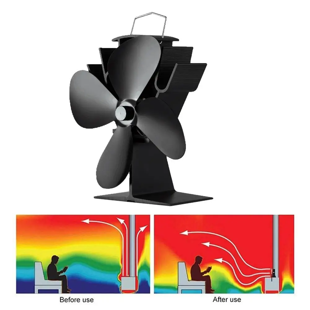 Black Fireplace 4 Blade Hot Power Heat Furnace Fireplace Fan Heating Fan Heat Powered Stove Fan Home Efficient Heat Distribution