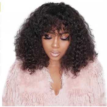 

Afro Kinky Curly13x6 Lace Front Human Hair Wig With Bangs Baby Hair PrePlucked 250 Density 360 Frontal Remy Full Lace Fringe Wig