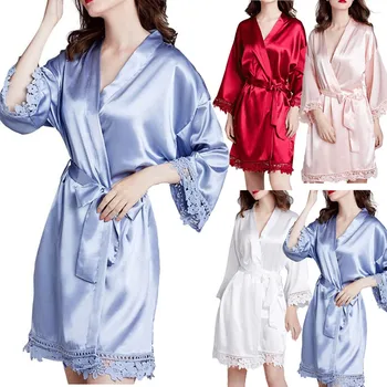 

Bath Robe For Women Kimono Robe Simulation Silk Solid Long Sleeve High Waist Sleepwear With Belt Sexy Lingerie Bridesmaid