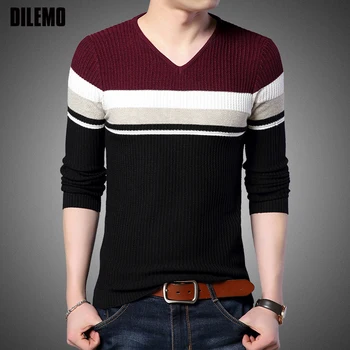 

New Fashion Brand Sweater For Mens Pullovers Slim Fit Jumpers Knitred Striped Autumn V Neck Korean Style Casual Men Clothes
