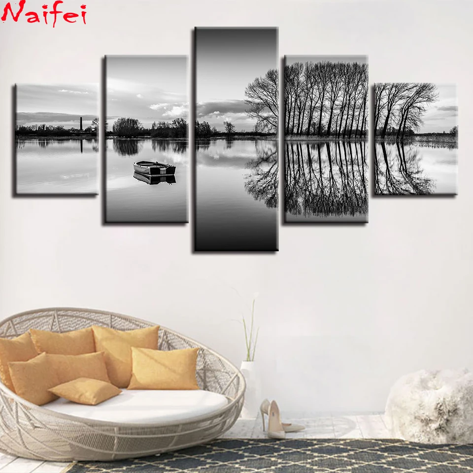 Canvas-Painting-Art-Modular-5-Pieces-Black-And-White-Pictures-Ship-Lake-Tree-Landscape-Poster-HD (1)