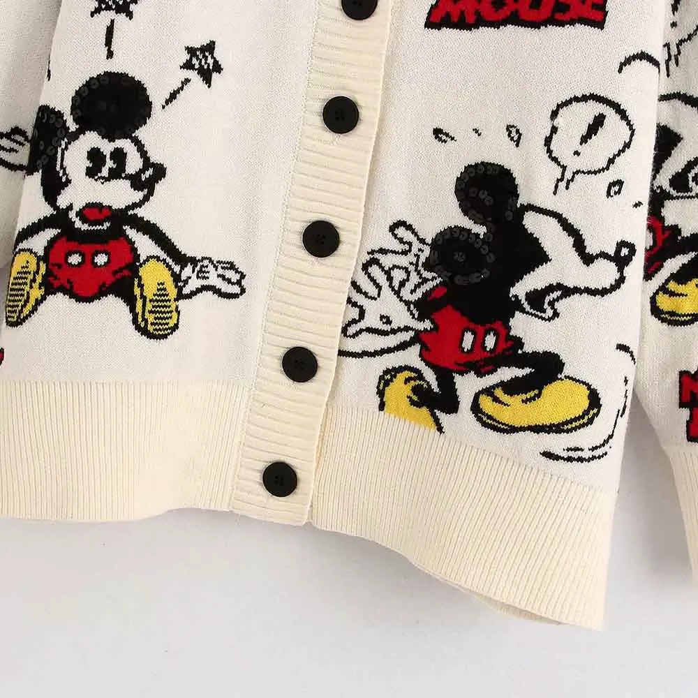Disney Stylish Mickey Mouse Cartoon Print V-Neck Cardigan Single-breasted Streetwear Women Sweater White Knitted Long Sleeve Top