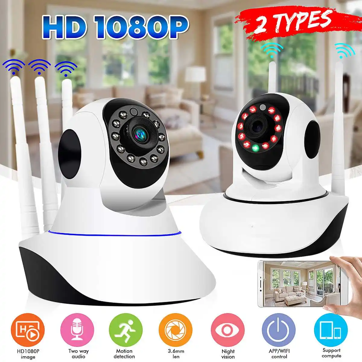 

HD 1080P WiFi Wireless IP Camera Security Video Surveillance Camera Baby Monitor Night Vision / PTZ / 3 Antenna / Motion CCTV