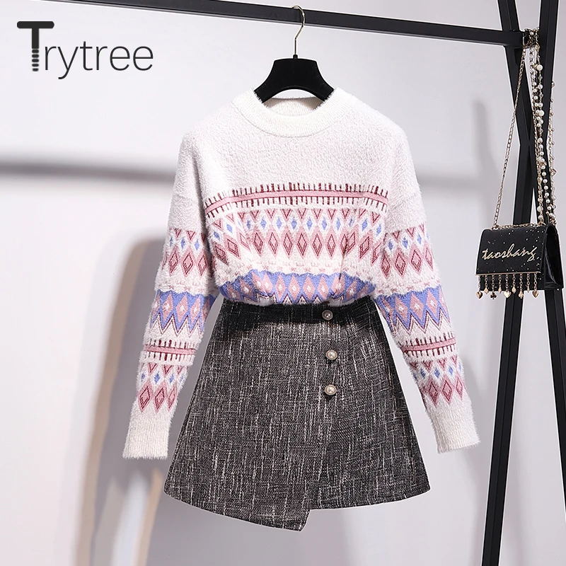 Trytree осенне зимний комплект из двух предметов повседневный вязаный свитер с