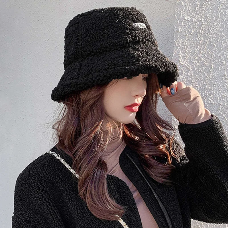 

2020 Autumn And Winter New Embroidered Letter Basin Hat Warm Lamb Wool Fisherman Hat Black Wild