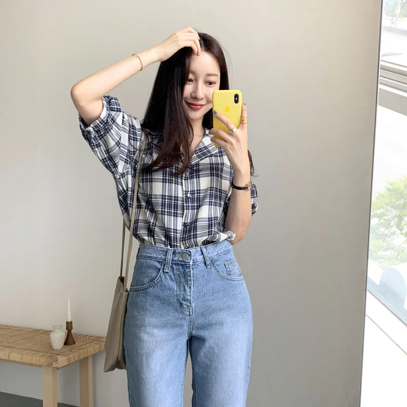 

New Plaid Shirt female Casual Blue Tops Women Short sleeve Linen Cotton Summer Girls Blouse Plus Size Women Blouses femme Blusas
