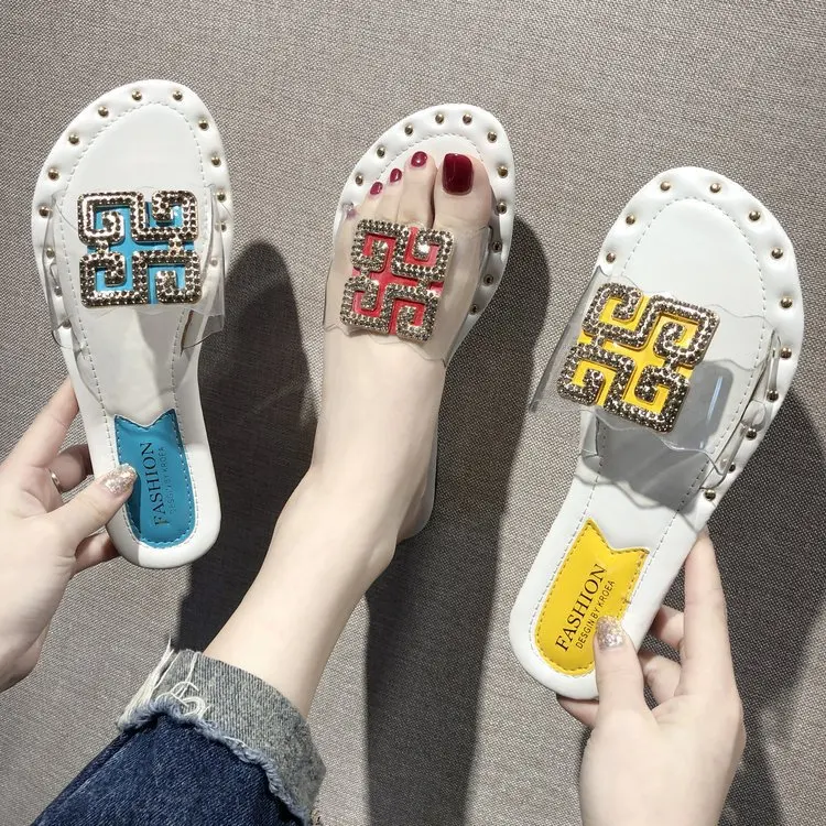 

2019 Summer New Style Open Toe Flat Sandals Women's Transparent Man-made Diamond Square Buckle Outer Wear Fashion Lazy Slipper F