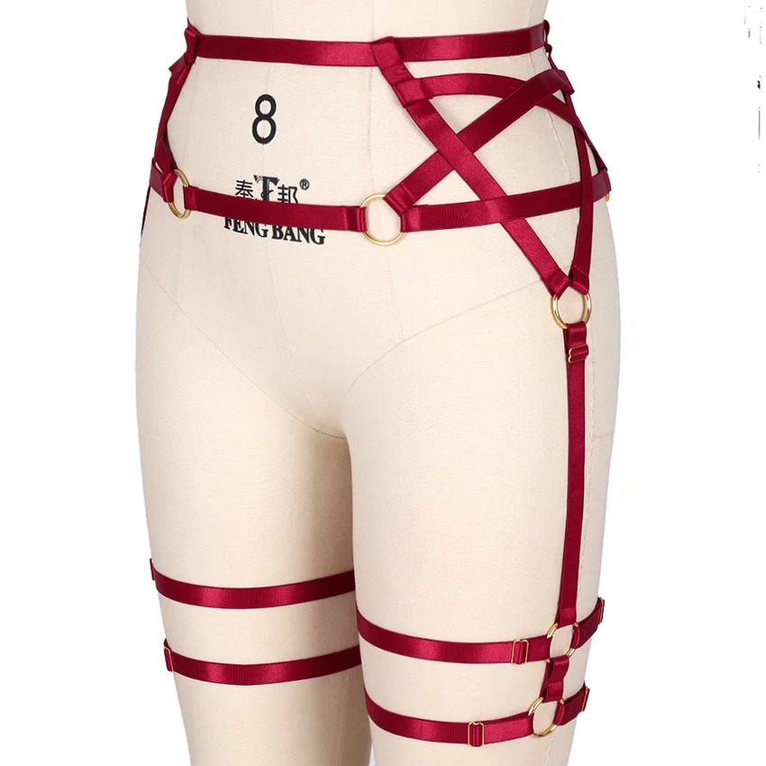 Full Body Harness Bra Red Tops Elastic Strap Pentagram Garter Belt Suspender Carnivals Dance Punk Gothic Lingerie Plus Size - Цвет: MLCP0009wine-red