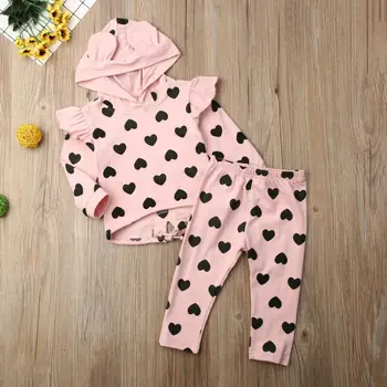 

Children Hoodies Top Autumn Spring Outfits Long Pants 2pcs Clothes Set Newborn Sets Kig Girl Heart Print Hooded Tops