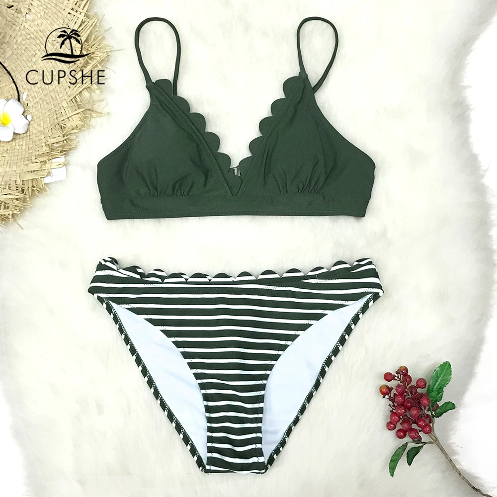 CUPSHE Cute Green Scalloped Bikini Sets 2020 Women Solid Two Pieces Beach Bathing Suits Swimwear|Bikini Set| - AliExpress