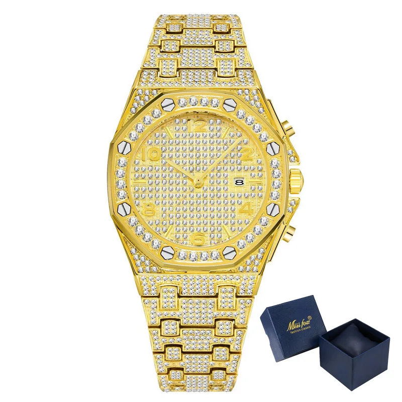 a with original box Роскошный Топ Бренд Ice Out часы для мужчин полный АЛМАЗ 18 К золото Iced out хип хоп Кварцевые аналоговые наручные часы для мужчин Дата наручные часы для мужчин - Цвет: a with original box